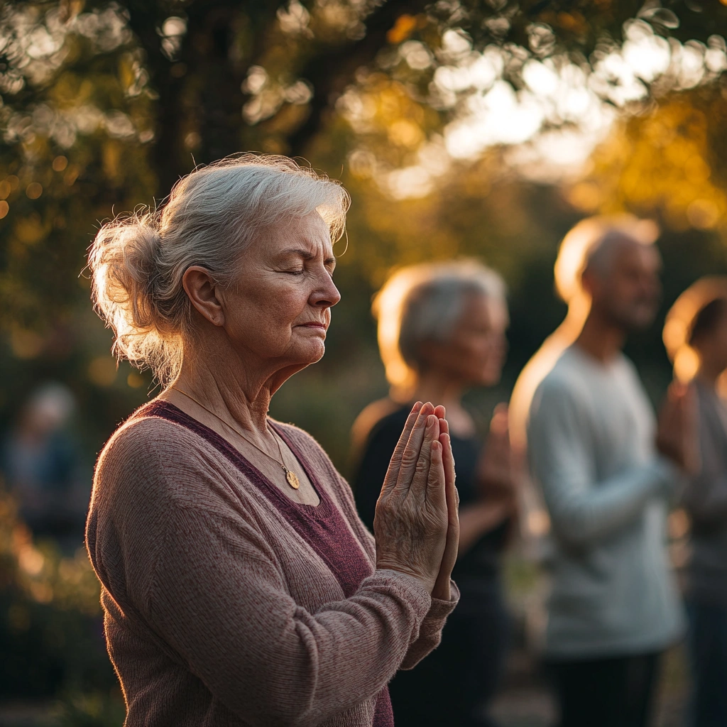Група пенсіонерів практикує йогу на свіжому повітрі